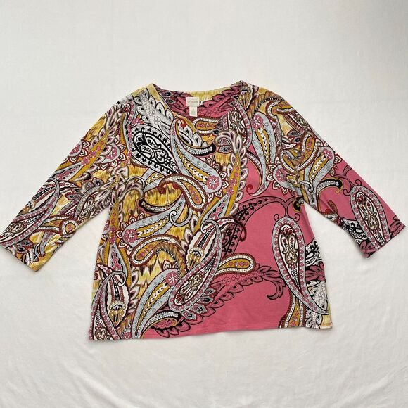 Chicos Pink Paisley Top 3/4 Sleeve Colorful Cotton Blend Boho Womens Large 2 - Picture 1 of 8